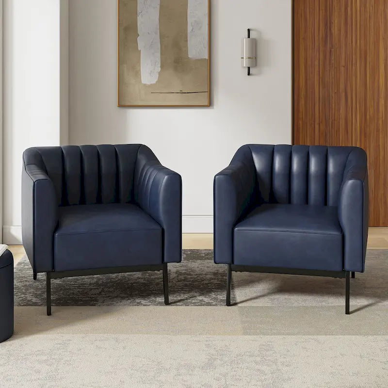 Industrial PU Leather Accent Chairs with Channel Tufting and Black Metal Legs, Set of 2