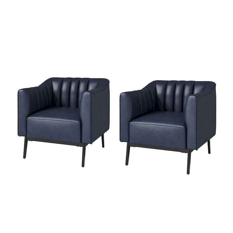 Industrial PU Leather Accent Chairs with Channel Tufting and Black Metal Legs, Set of 2