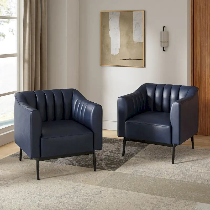 Industrial PU Leather Accent Chairs with Channel Tufting and Black Metal Legs, Set of 2