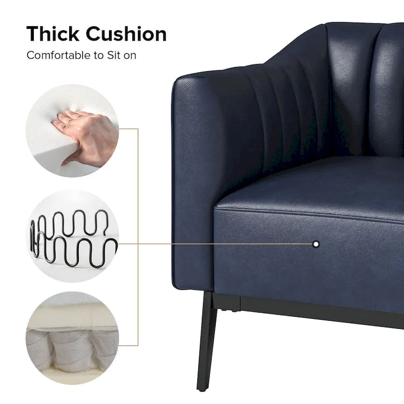 Industrial PU Leather Accent Chairs with Channel Tufting and Black Metal Legs, Set of 2