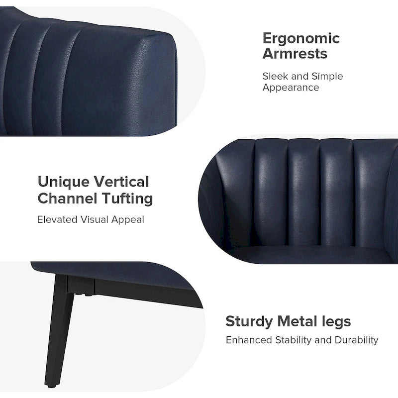 Industrial PU Leather Accent Chairs with Channel Tufting and Black Metal Legs, Set of 2