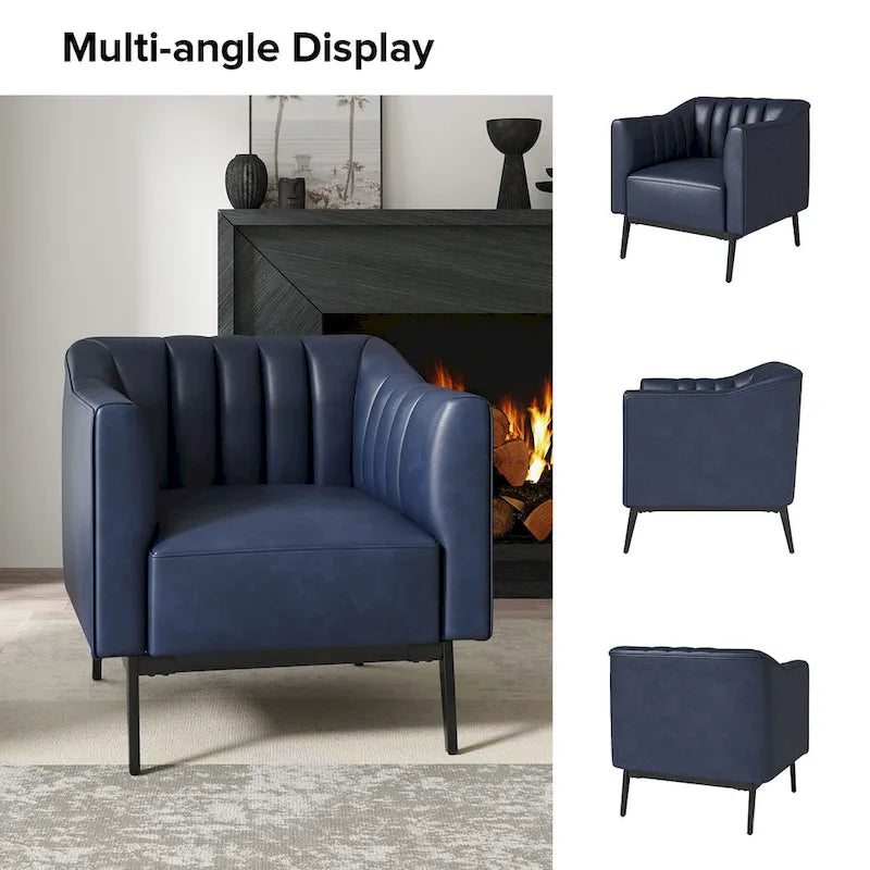 Industrial PU Leather Accent Chairs with Channel Tufting and Black Metal Legs, Set of 2