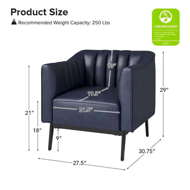 Industrial PU Leather Accent Chairs with Channel Tufting and Black Metal Legs, Set of 2