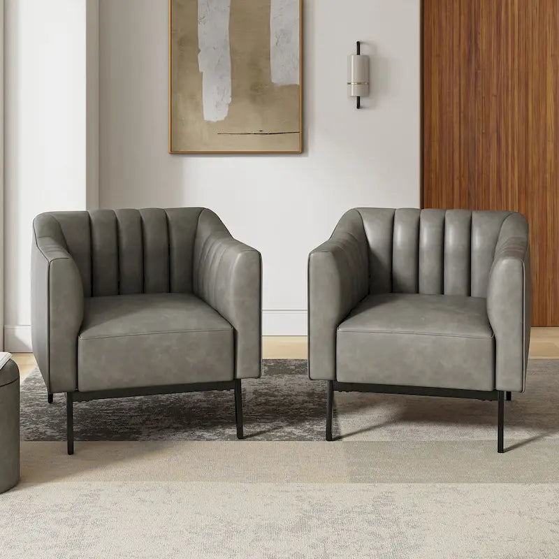 Industrial PU Leather Accent Chairs with Channel Tufting and Black Metal Legs, Set of 2