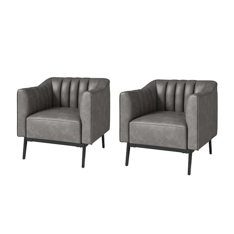 Industrial PU Leather Accent Chairs with Channel Tufting and Black Metal Legs, Set of 2