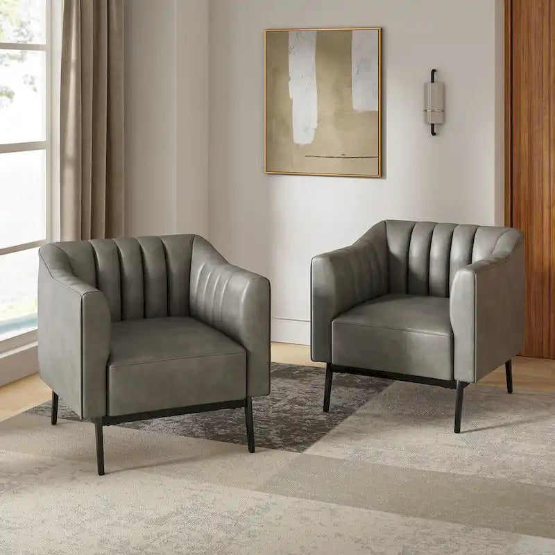 Industrial PU Leather Accent Chairs with Channel Tufting and Black Metal Legs, Set of 2