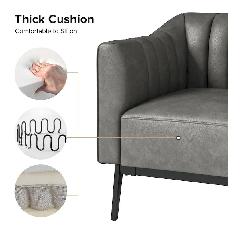Industrial PU Leather Accent Chairs with Channel Tufting and Black Metal Legs, Set of 2