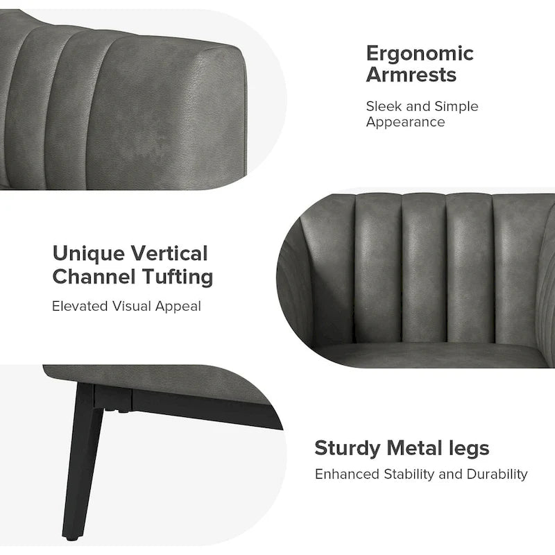 Industrial PU Leather Accent Chairs with Channel Tufting and Black Metal Legs, Set of 2