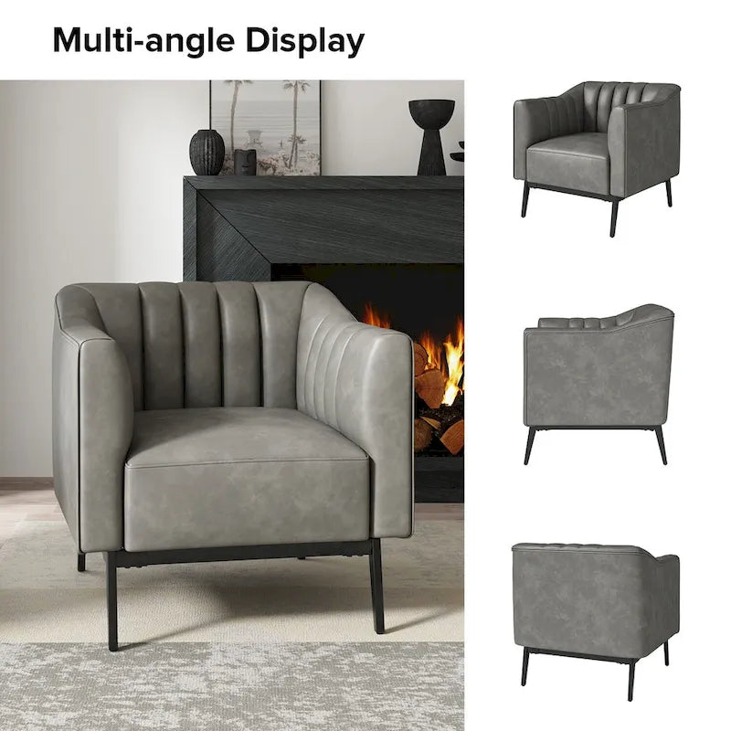 Industrial PU Leather Accent Chairs with Channel Tufting and Black Metal Legs, Set of 2