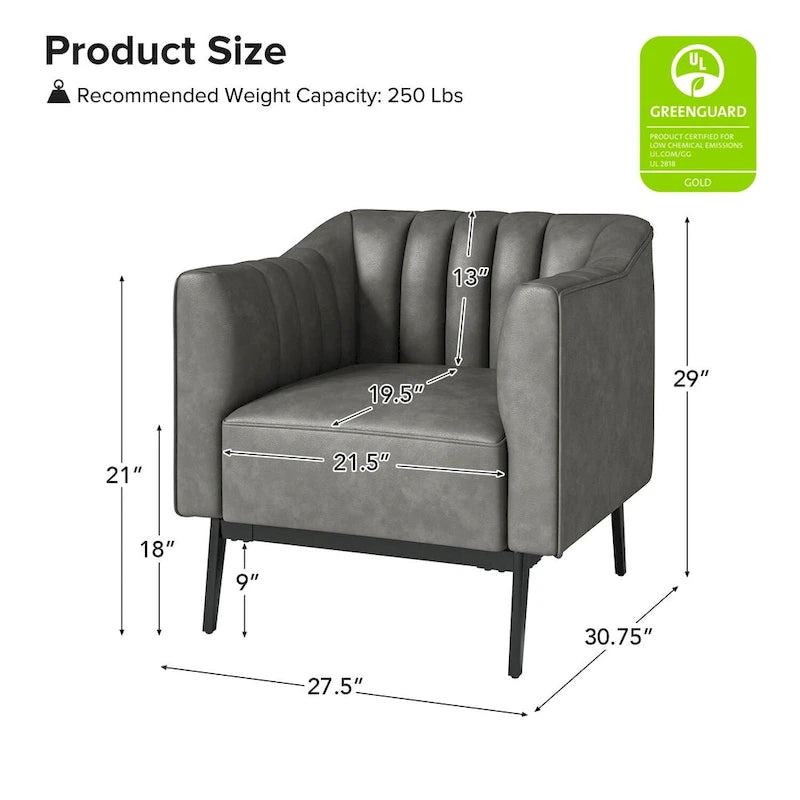 Industrial PU Leather Accent Chairs with Channel Tufting and Black Metal Legs, Set of 2