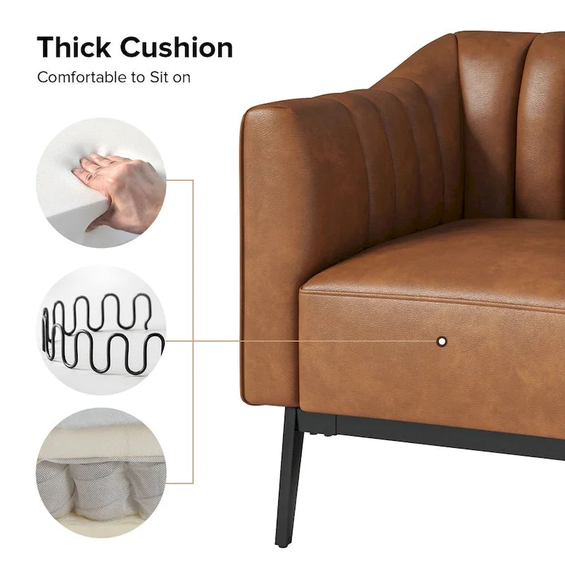 Industrial PU Leather Accent Chairs with Channel Tufting and Black Metal Legs, Set of 2