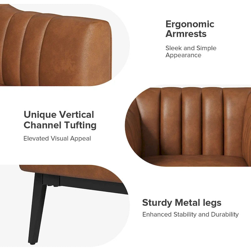 Industrial PU Leather Accent Chairs with Channel Tufting and Black Metal Legs, Set of 2