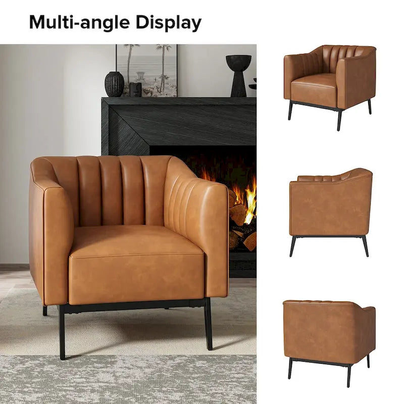 Industrial PU Leather Accent Chairs with Channel Tufting and Black Metal Legs, Set of 2