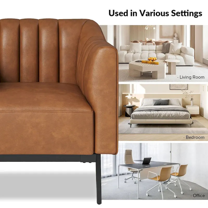 Industrial PU Leather Accent Chairs with Channel Tufting and Black Metal Legs, Set of 2