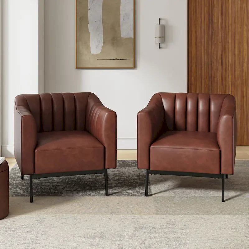 Industrial PU Leather Accent Chairs with Channel Tufting and Black Metal Legs, Set of 2