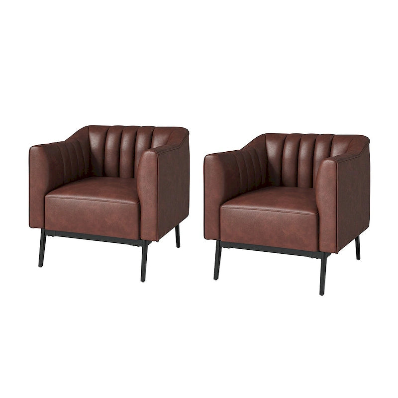 Industrial PU Leather Accent Chairs with Channel Tufting and Black Metal Legs, Set of 2