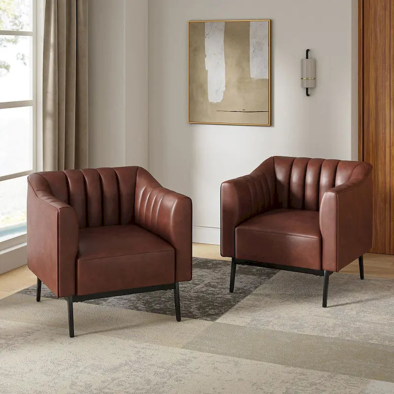 Industrial PU Leather Accent Chairs with Channel Tufting and Black Metal Legs, Set of 2