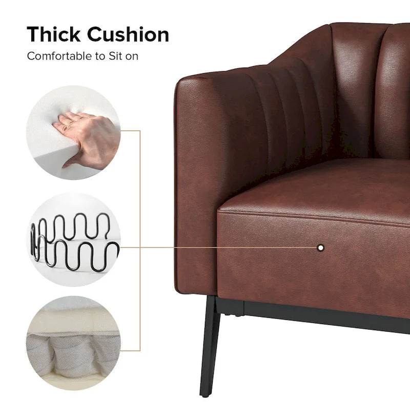 Industrial PU Leather Accent Chairs with Channel Tufting and Black Metal Legs, Set of 2
