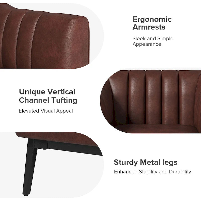 Industrial PU Leather Accent Chairs with Channel Tufting and Black Metal Legs, Set of 2