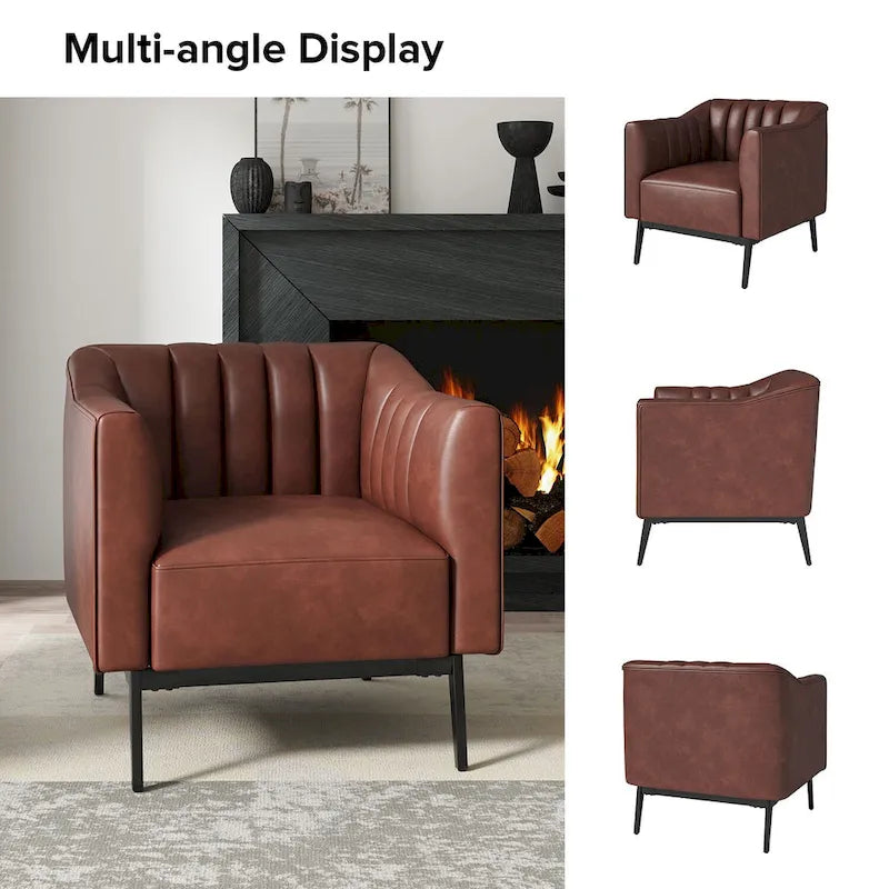 Industrial PU Leather Accent Chairs with Channel Tufting and Black Metal Legs, Set of 2