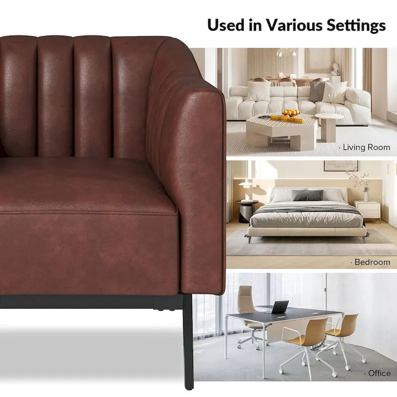 Industrial PU Leather Accent Chairs with Channel Tufting and Black Metal Legs, Set of 2