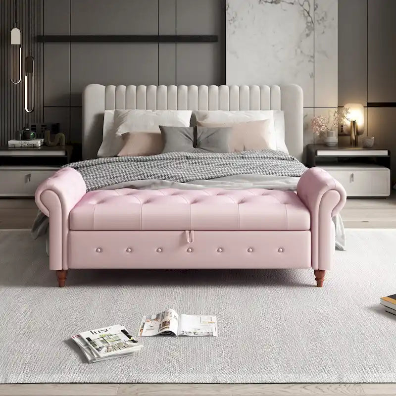63-Inch Tufted Storage Ottoman Bench with Rolled Arms