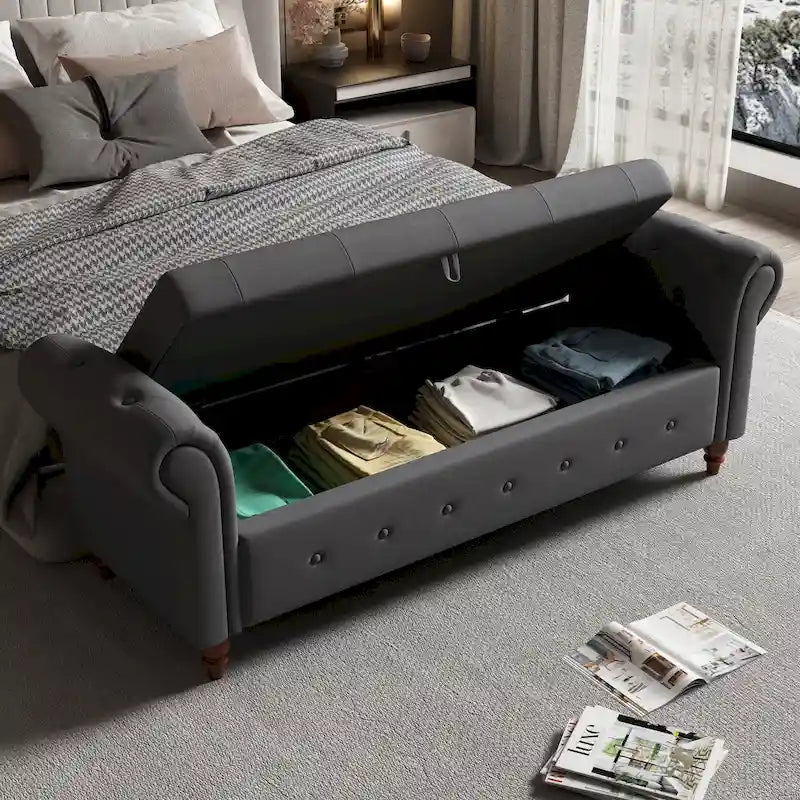 63-Inch Tufted Storage Ottoman Bench with Rolled Arms