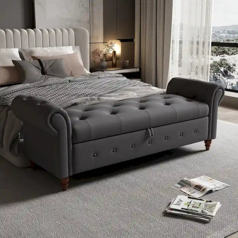 63-Inch Tufted Storage Ottoman Bench with Rolled Arms