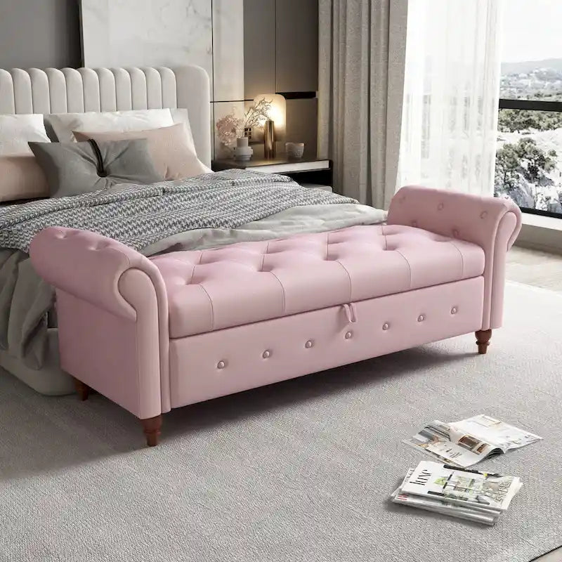 63-Inch Tufted Storage Ottoman Bench with Rolled Arms