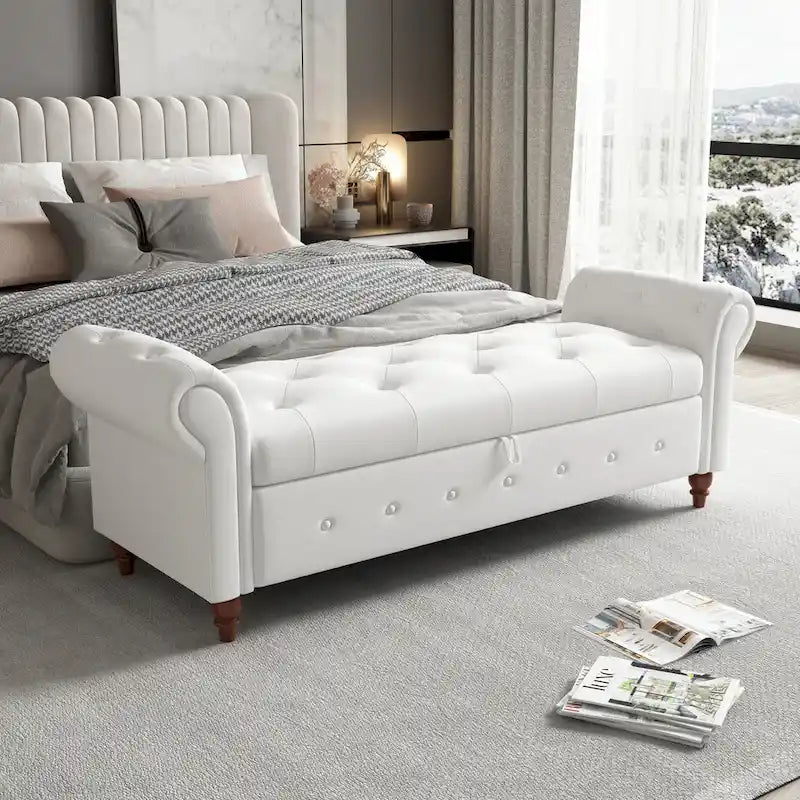 63-Inch Tufted Storage Ottoman Bench with Rolled Arms