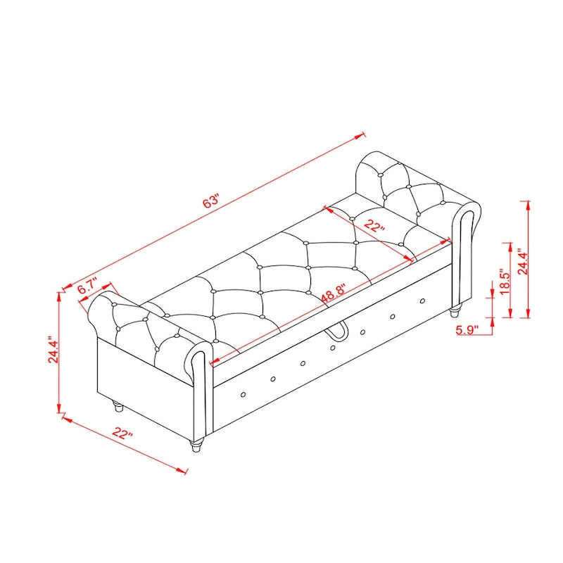 63-Inch Tufted Storage Ottoman Bench with Rolled Arms