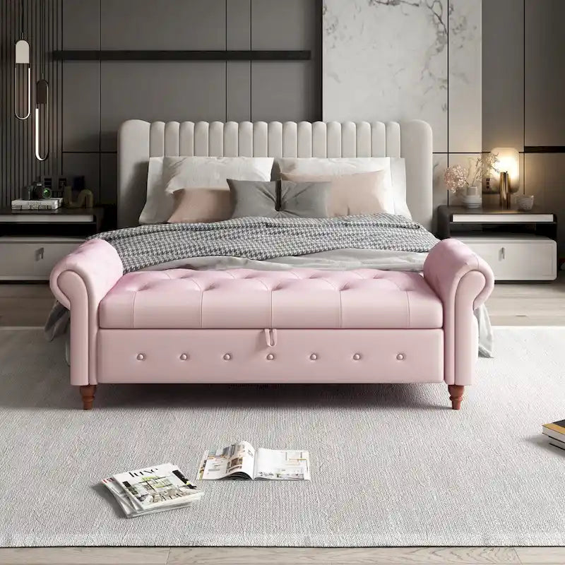 63-Inch Tufted Storage Ottoman Bench with Rolled Arms