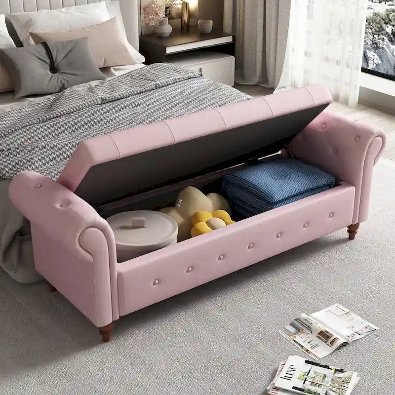 63-Inch Tufted Storage Ottoman Bench with Rolled Arms
