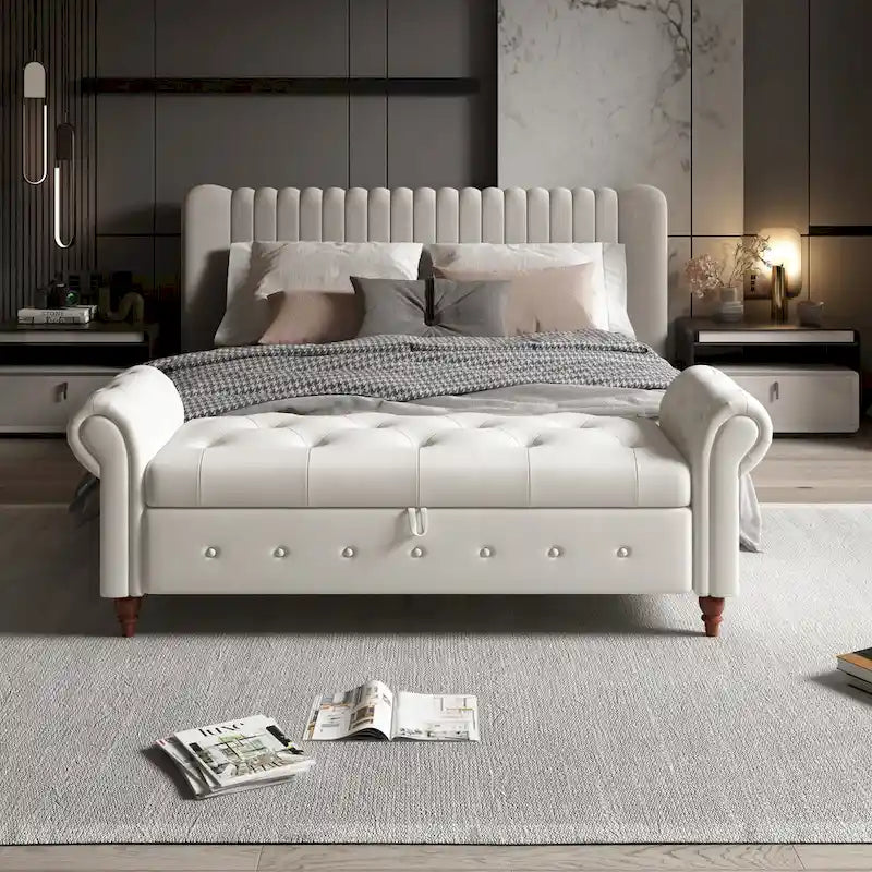 63-Inch Tufted Storage Ottoman Bench with Rolled Arms