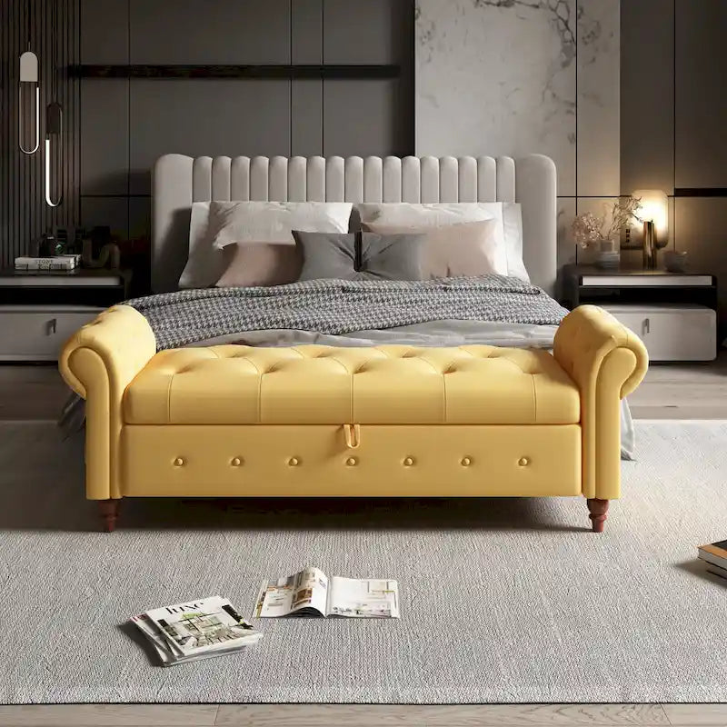63-Inch Tufted Storage Ottoman Bench with Rolled Arms