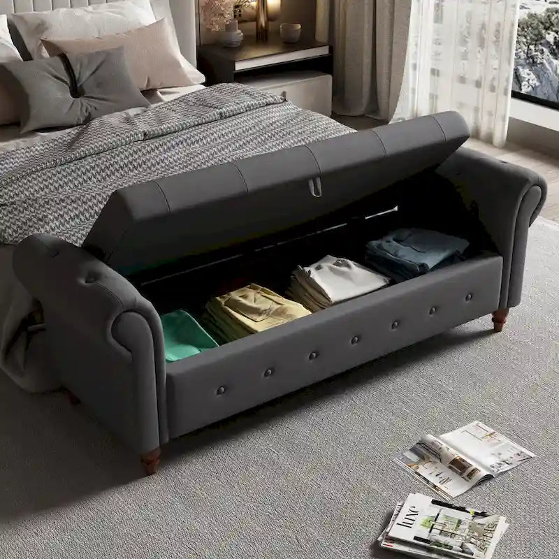 63-Inch Tufted Storage Ottoman Bench with Rolled Arms