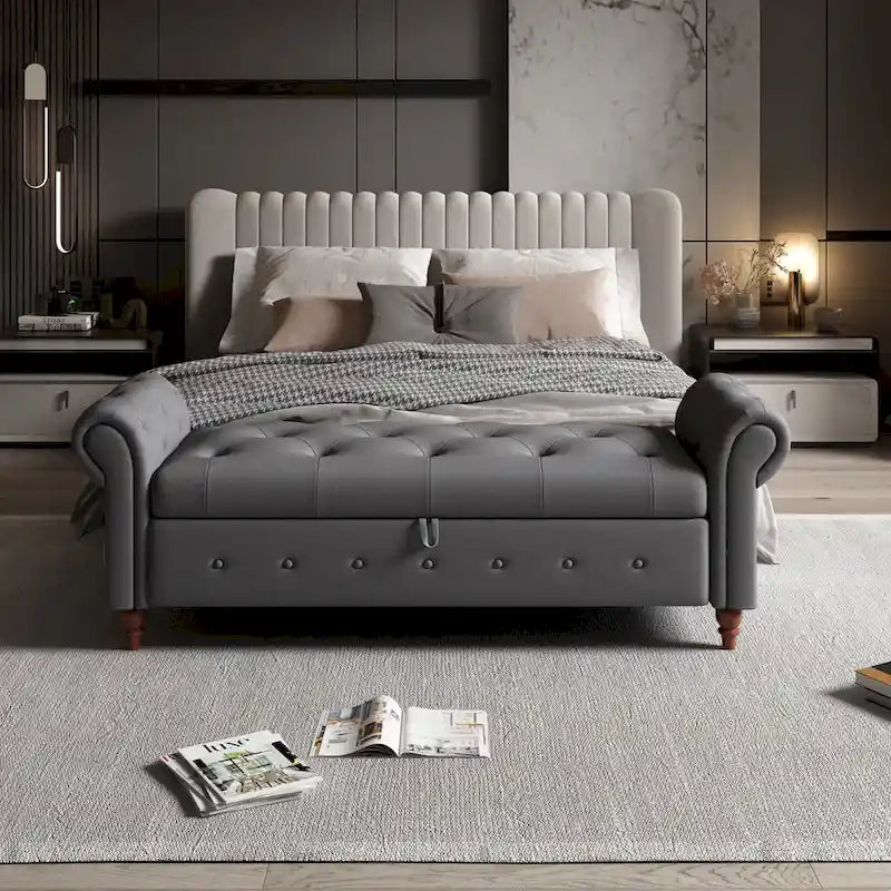 63-Inch Tufted Storage Ottoman Bench with Rolled Arms
