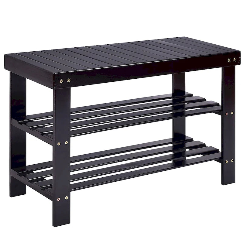 Bamboo 3-Tier Shoe Rack Bench with Seat, 28-Inch