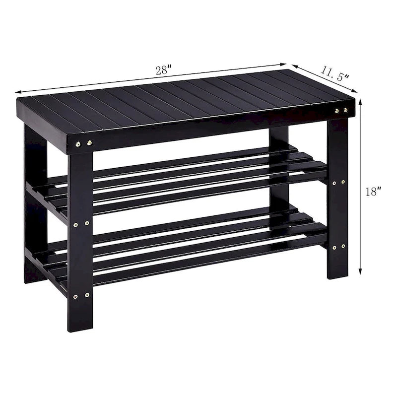 Bamboo 3-Tier Shoe Rack Bench with Seat, 28-Inch