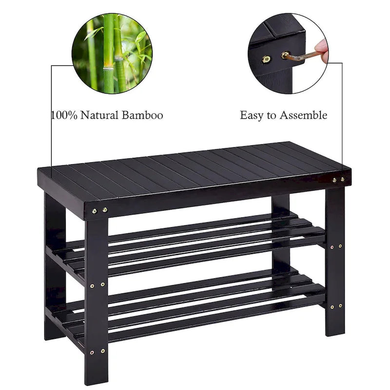 Bamboo 3-Tier Shoe Rack Bench with Seat, 28-Inch