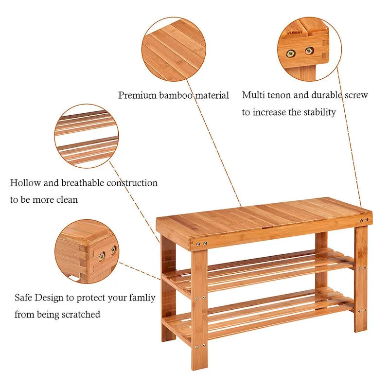 Bamboo 3-Tier Shoe Rack Bench with Seat, 28-Inch