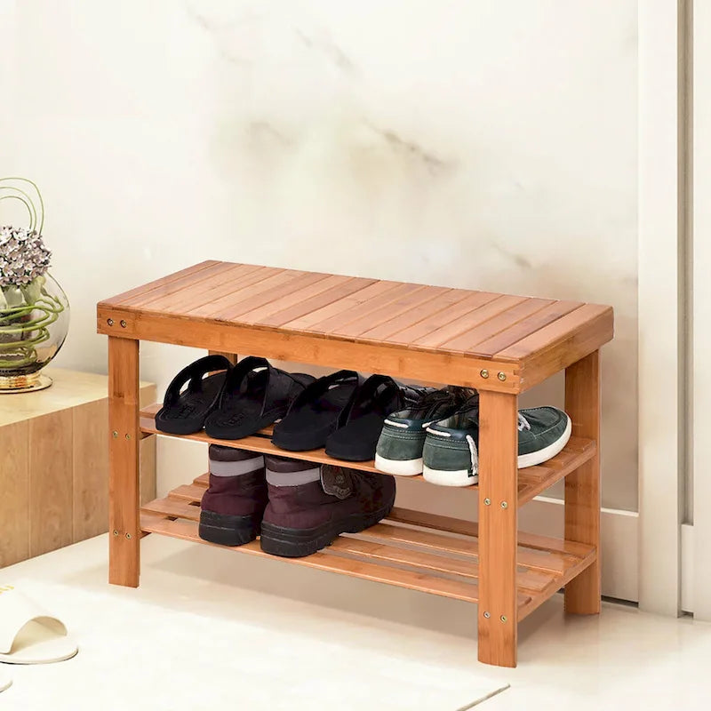 Bamboo 3-Tier Shoe Rack Bench with Seat, 28-Inch
