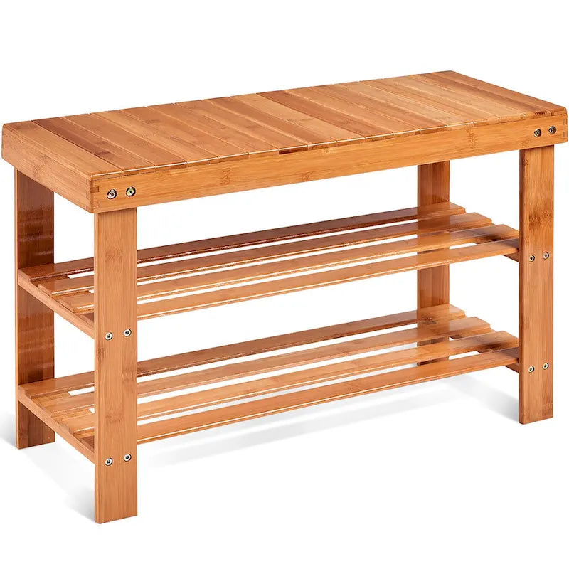 Bamboo 3-Tier Shoe Rack Bench with Seat, 28-Inch