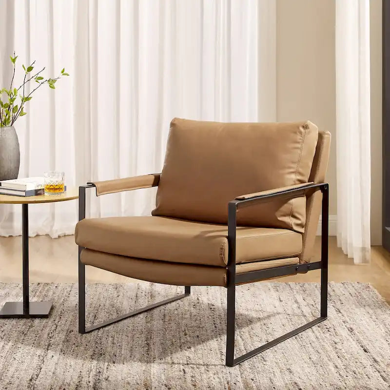 Mid-Century Modern Genuine Leather Accent Chair with Metal Frame and Removable Cushions