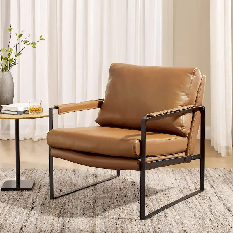 Mid-Century Modern Genuine Leather Accent Chair with Metal Frame and Removable Cushions