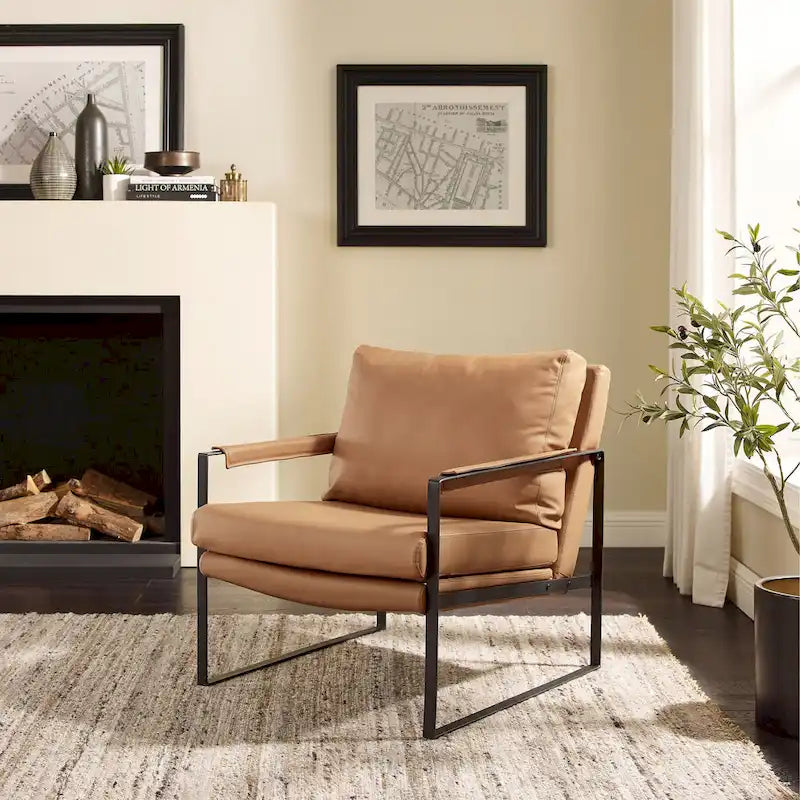 Mid-Century Modern Genuine Leather Accent Chair with Metal Frame and Removable Cushions