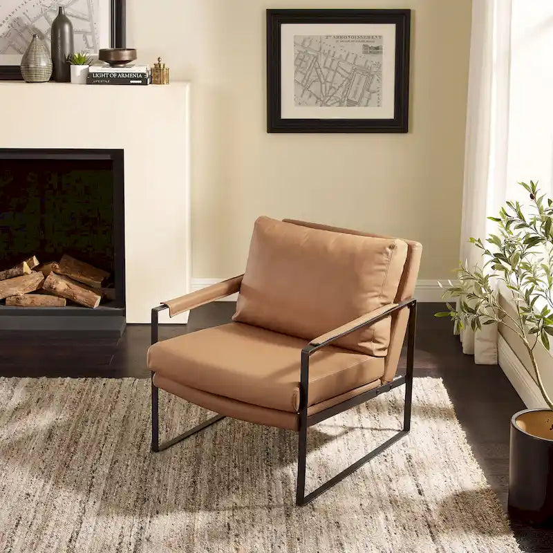 Mid-Century Modern Genuine Leather Accent Chair with Metal Frame and Removable Cushions