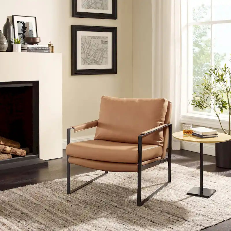 Mid-Century Modern Genuine Leather Accent Chair with Metal Frame and Removable Cushions