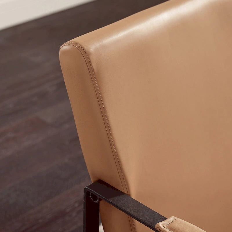 Mid-Century Modern Genuine Leather Accent Chair with Metal Frame and Removable Cushions