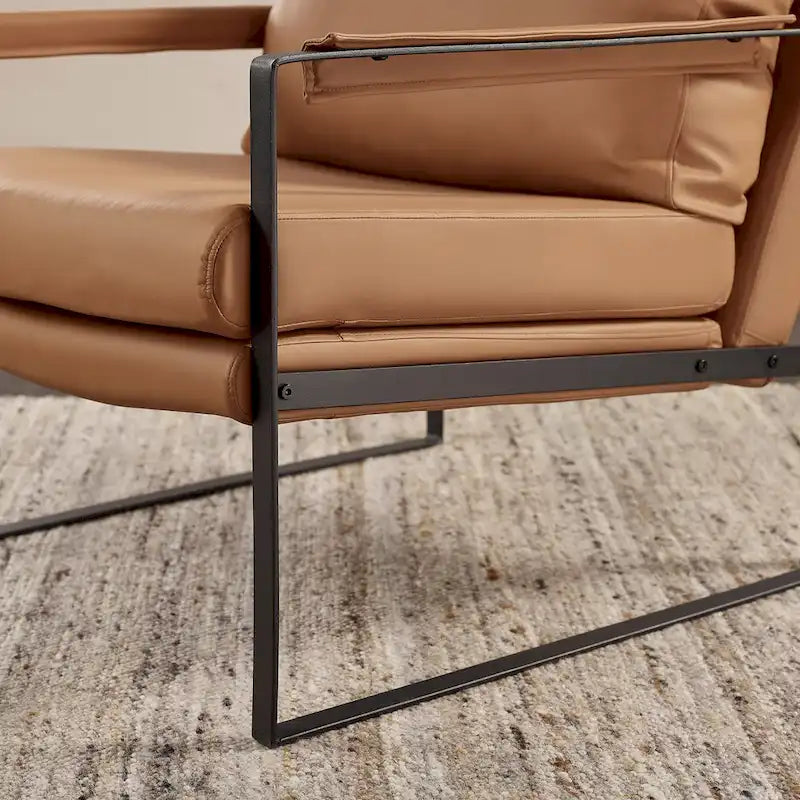 Mid-Century Modern Genuine Leather Accent Chair with Metal Frame and Removable Cushions